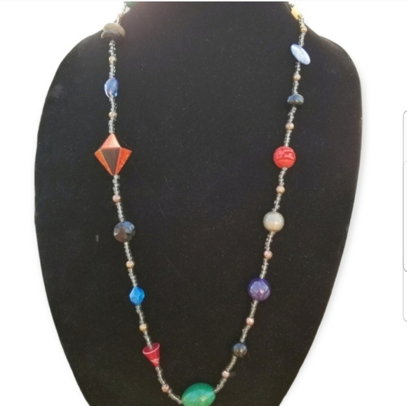 VINTAGE UNIQUE CERAMIC, CINNABAR & GEMSTONE BEADED NECKLACE - Picture 1 of 5